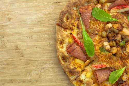 Preview: Hot Pizza with Pineapple, Ham and Bell Pepper Top View with copy space