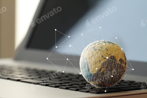 Preview: Hand Drawn Texture Globe With Social Media Diagram On Laptop Computer As Internet Concept