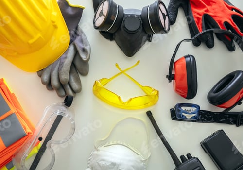 Preview: Work safety protection equipment background. Industrial protective gear on white