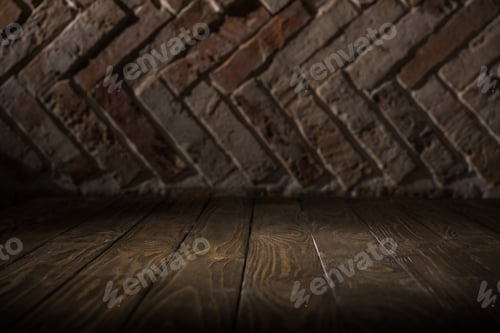 Preview: close up view of wooden tabletop and brick wall background