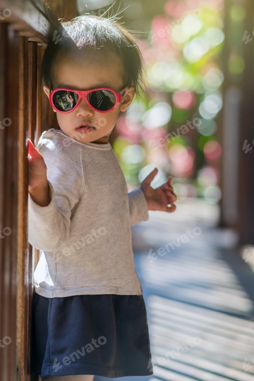 Preview: Portrait of Asian girl wear glasses at home or resort, Children and family concept