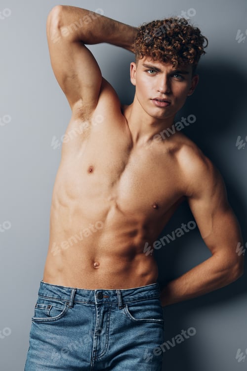 Preview: man chest care bodybuilder gray studio handsome standing body strong smile curly