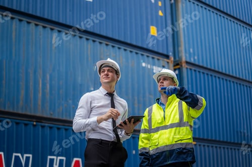 Preview: Engineers are overseeing the transportation of cargo with containers inside the warehouse.