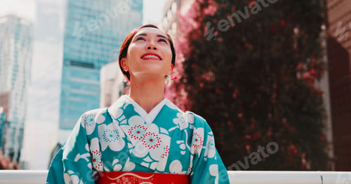 Preview: City, smile and girl with kimono, thinking and outdoor sightseeing adventure in traditional fashion