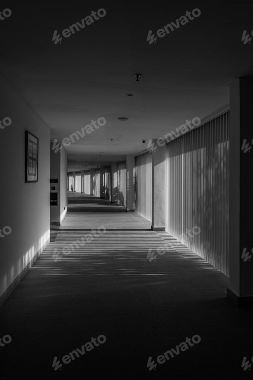Preview: Vertical shot of building corridor with shadow in black and white