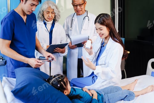 Preview: A doctor listens to a little girl’s heartbeat with stethoscope while she lies on a bed in hospital