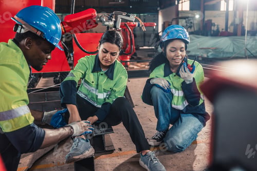 Preview: A female robotic technician's leg was injured at factory. Needs quick aid and coworker help.