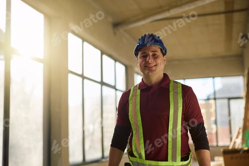 Preview: Happy manual worker at construction site looking at camera