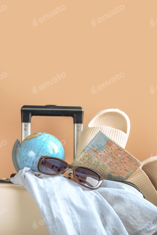 Preview: Trips. picking suitcase, things for tourism. Rest in a road trip. Tourism and travel accessories