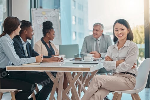 Preview: Asian woman, portrait and arms crossed for leadership in meeting, management or planning at the off