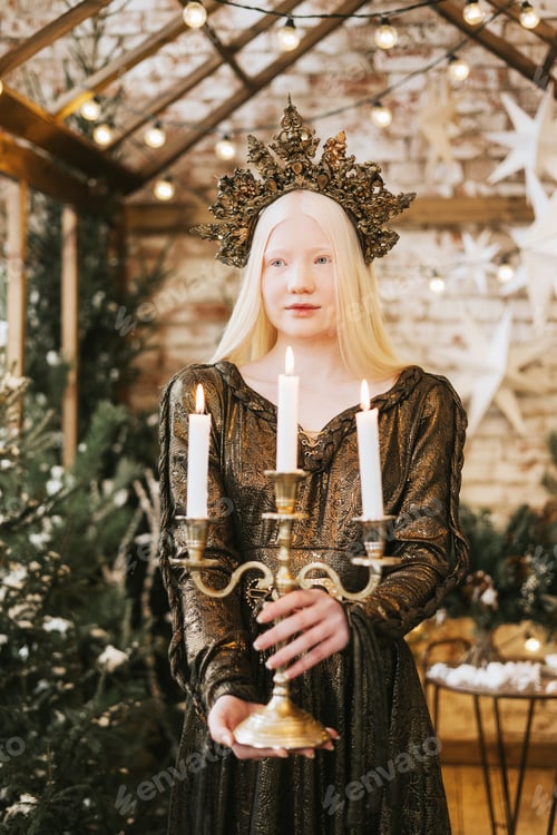 Preview: young albino woman with blue eyes and long white hair in beautiful green dress and crown stands in l