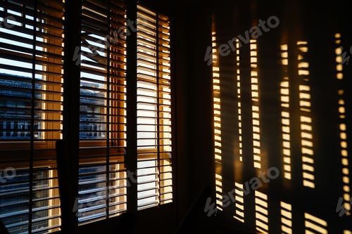 Preview: Wood blinds with striped reflection on the wall