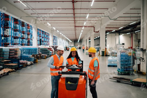 Preview: Warehouse workers using forklift and digital tablet for inventory management