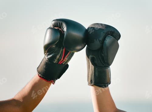 Preview: Boxer, boxing gloves and friends fist bump in celebration, collaboration and teamwork in combat spo