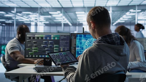 Preview: System administrator in data center solving tasks on tablet
