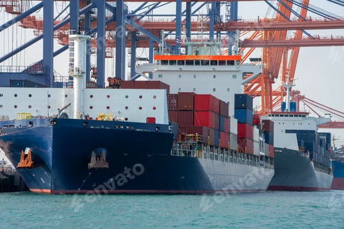 Preview: Big crane loading cargo container from truck to container ship in the international terminal