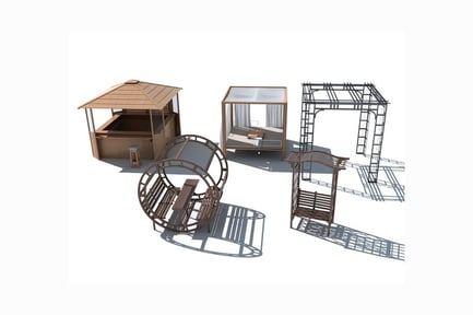 Preview: Wooden gazebo and trellis with seating area