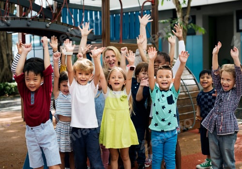 Preview: Group of diverse kindergarten students with arms raised