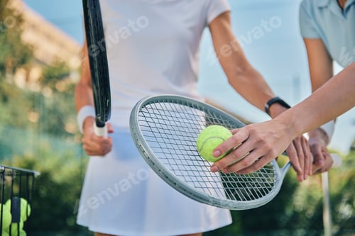 Preview: Tennis training, hands and ball with women athlete on outdoor turf, instructor or coach, fitness mo