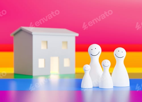 Preview: LGBT family figures on rainbow background. Homosexual parents with children. LGBT adoption concept