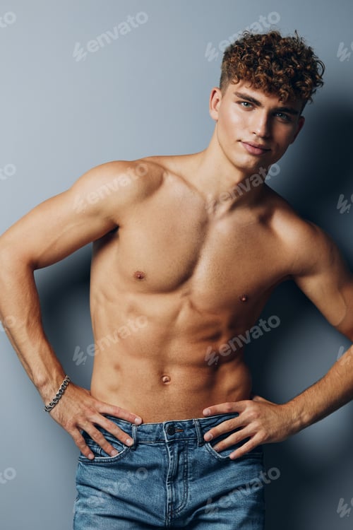 Preview: man handsome chest sexy muscular bodybuilder health lifestyle studio adult guy curly