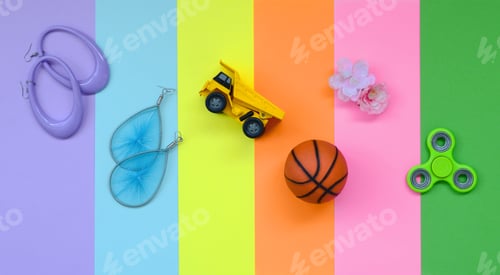 Preview: Trendy fashionable pastel composition with earrings, sunglasses, beverage can, basket