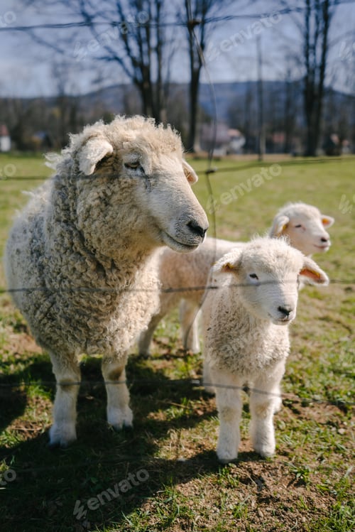 Preview: Sheep and Lambs Grazing on a Sunny Farm