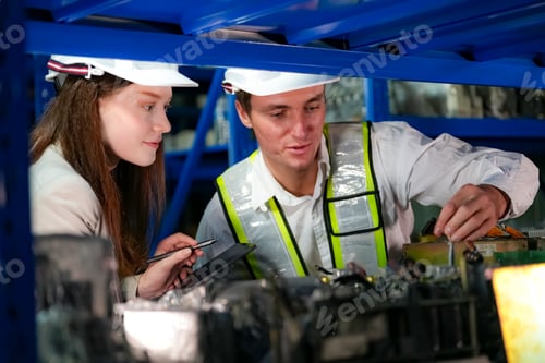 Preview: Indusrtial Robot, Engineers inspecting part check up inventory at factory warehouse.
