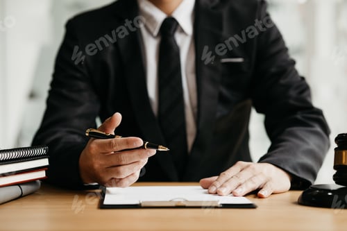 Preview: A lawyer sits in his office, on a table with a small hammer to beat the judges desk in court.