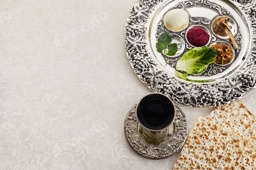 Preview: Composition with symbolic Passover, Pesach, items and meal on vintage background,