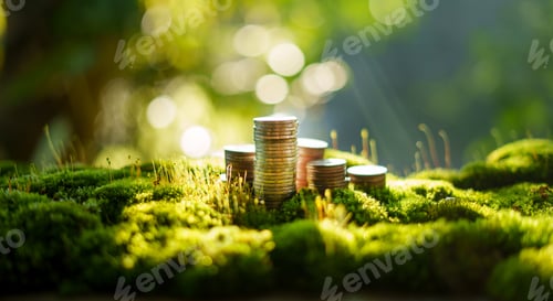 Preview: Money and environmental protection, silver coins stacked on green moss in natural light