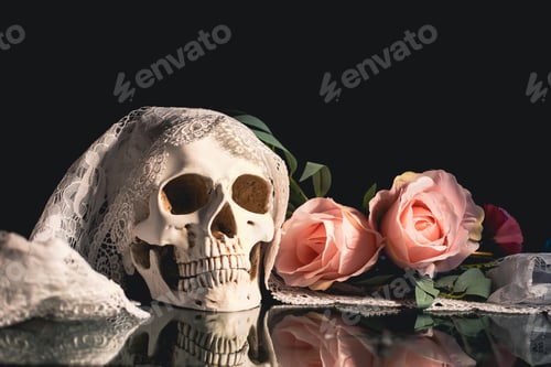 Preview: Human skull and flowers. Day of the dead, Dia de los muertos character.