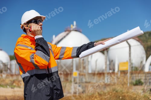 Preview: An engineer in high-visibility gear uses a walkie-talkie while holding blueprints