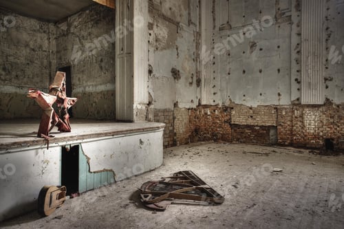 Preview: Old musical instruments inside an abandoned building with rusty walls