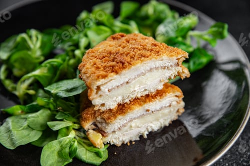 Preview: cutlet cordon bleu chicken meat, ham, cheese natural fresh appetizer meal food snack on the table