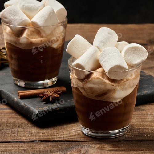 Preview: Glasses of hot chocolate with fluffy marshmallows on a wooden table. Winter drink