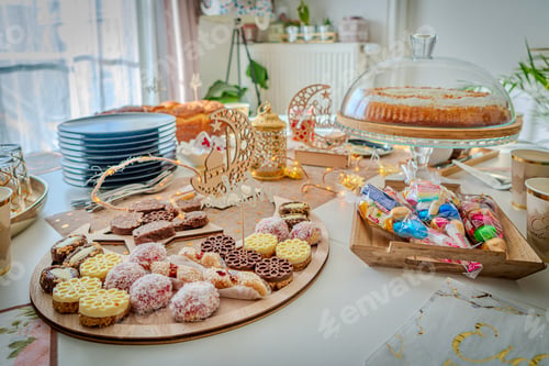 Preview: Variety of food laid out on a table for the Aid Mubarak celebration