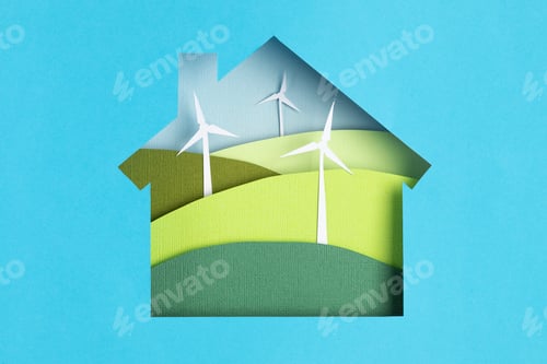 Preview: Green alternative eco friendly energy. Windmill turbines landscapes