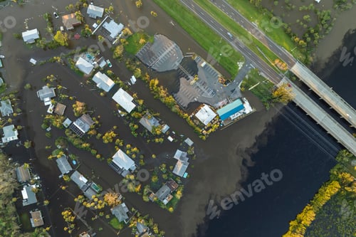 Preview: Aftermath of natural disaster. Surrounded by hurricane Ian rainfall flood waters homes