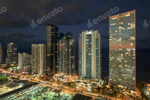 Preview: Night urban landscape of downtown district in Sunny Isles Beach city in Florida, USA.