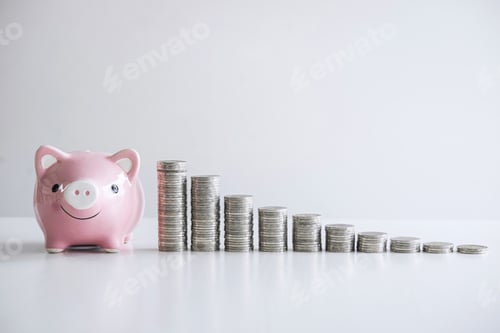 Preview: Images of stacking coins pile and pink smiling piggy bank to growing and savings with money box
