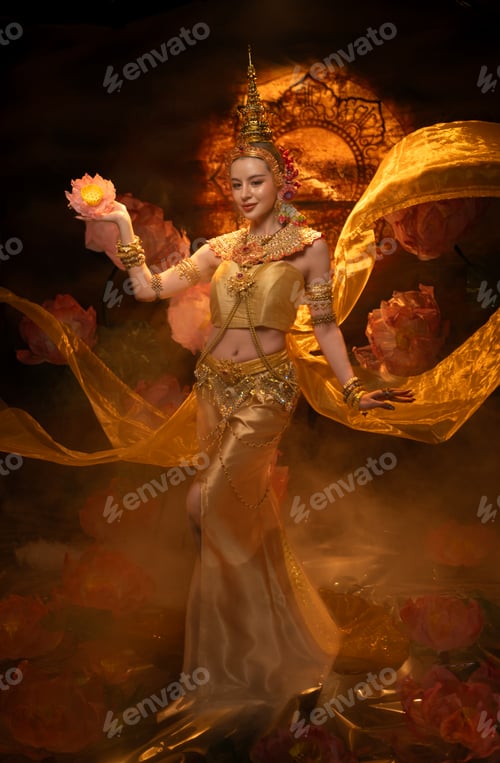 Preview: A beautiful woman in traditional Thai costume performing a classical dance