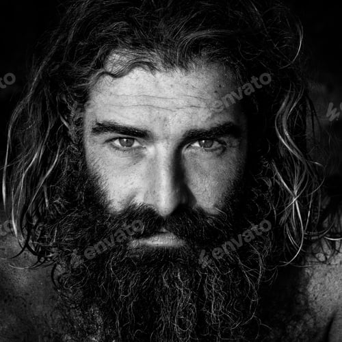 Preview: Black and white portrait of a man with long hair and beard