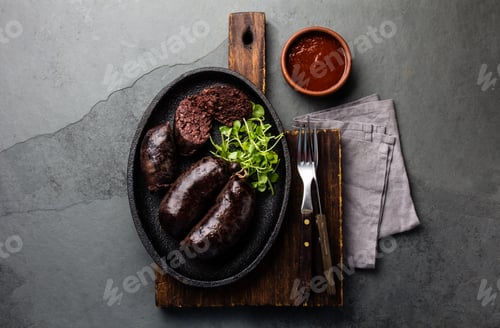 Preview: Bloody sausages - chilean preta on iron plate, top view, grey slate background
