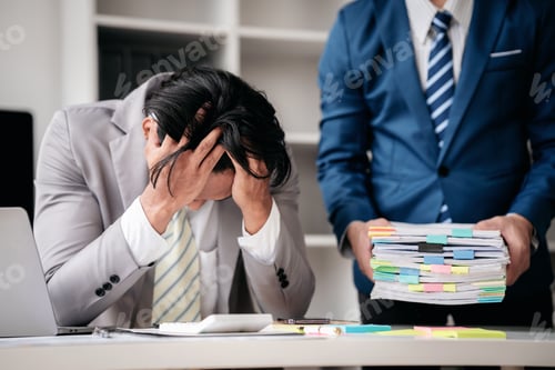 Preview: A man is sitting at a desk with a stack of papers in front of him