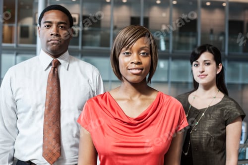 Preview: Mixed race team of business people in the lobby of a large office building.