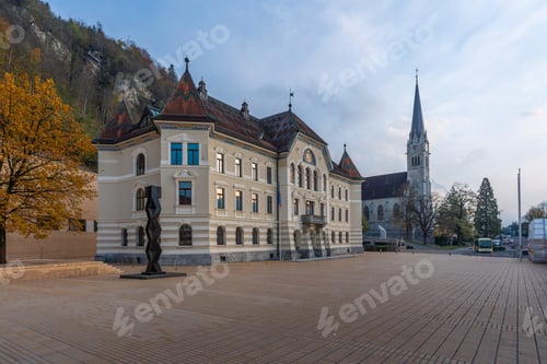 Preview: Government House of Liechtenstein (Regierungsgebaude) and St Florin Cathedral - Vaduz, Liechtenstein