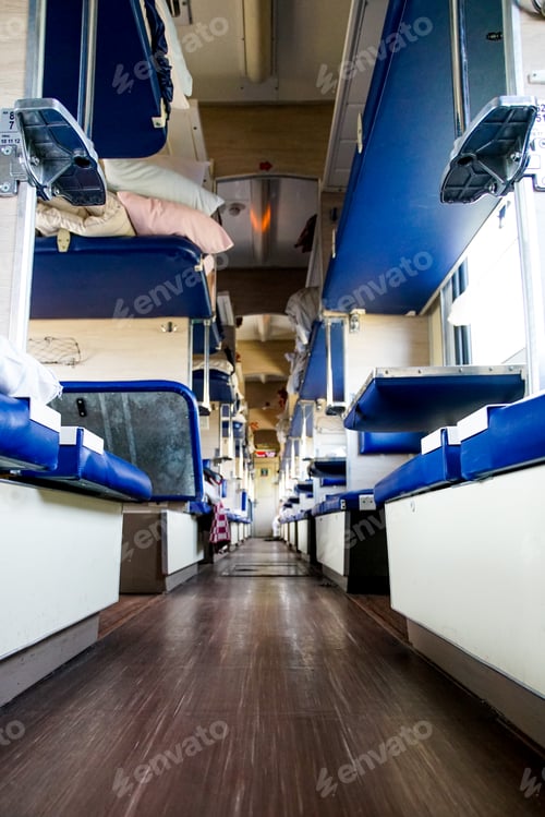 Preview: Interior of a typical russian long-distance RZD train with beds for sleeping
