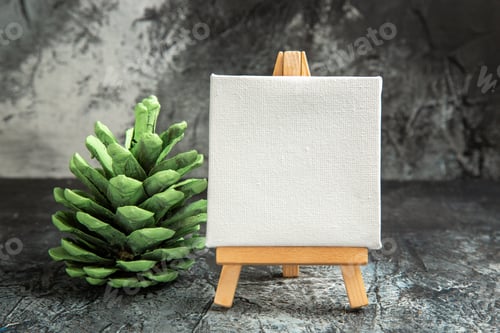 Preview: front view mini white canvas with wooden easel green pinecone on dark isolated background