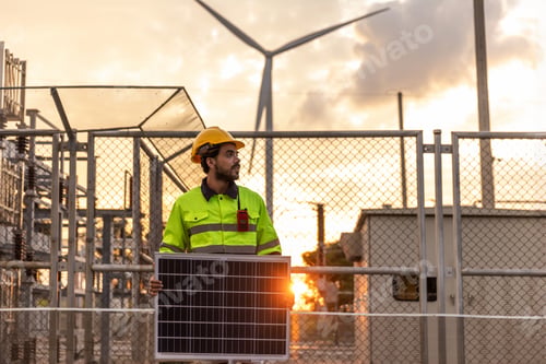 Preview: Professional Man Energy Engineer Holding the Solar Panel. Alternative energy engineers
